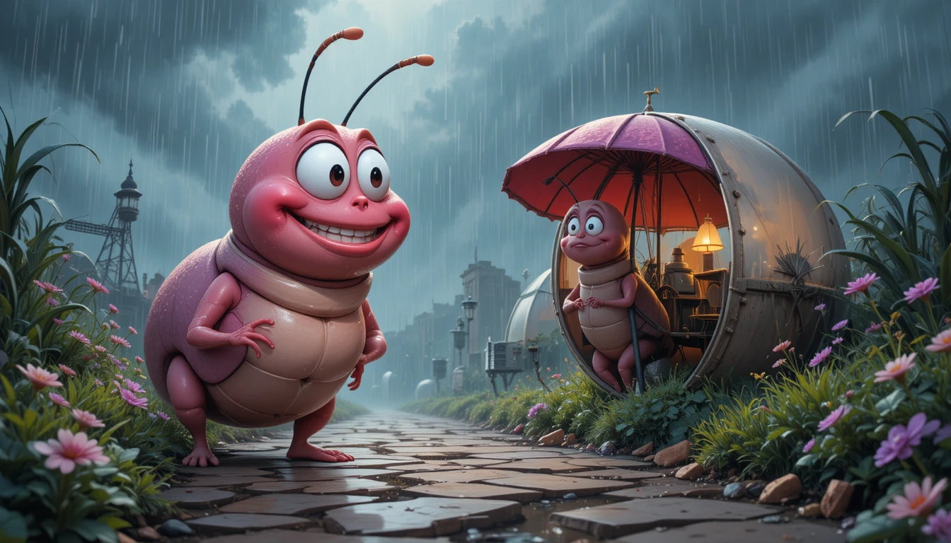Cartoon worm and ladybug in rainy muddy path scene