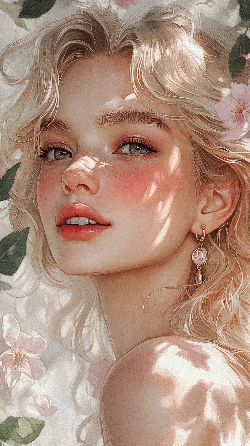 Retrato en acuarela de una chica rubia tímida en el jardín
