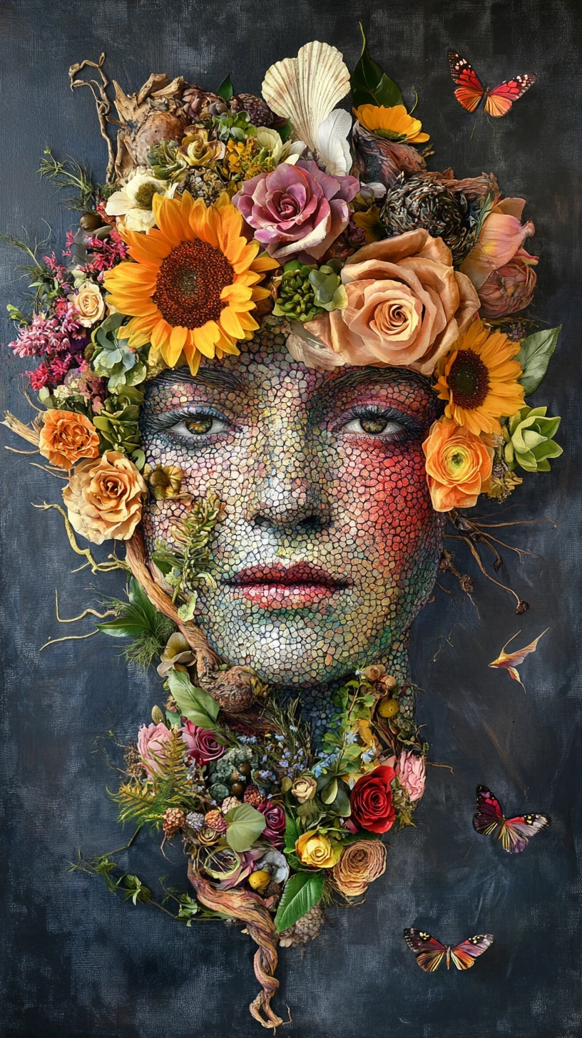 Retrato floral surrealista creado con espirales de Fibonacci y rostros