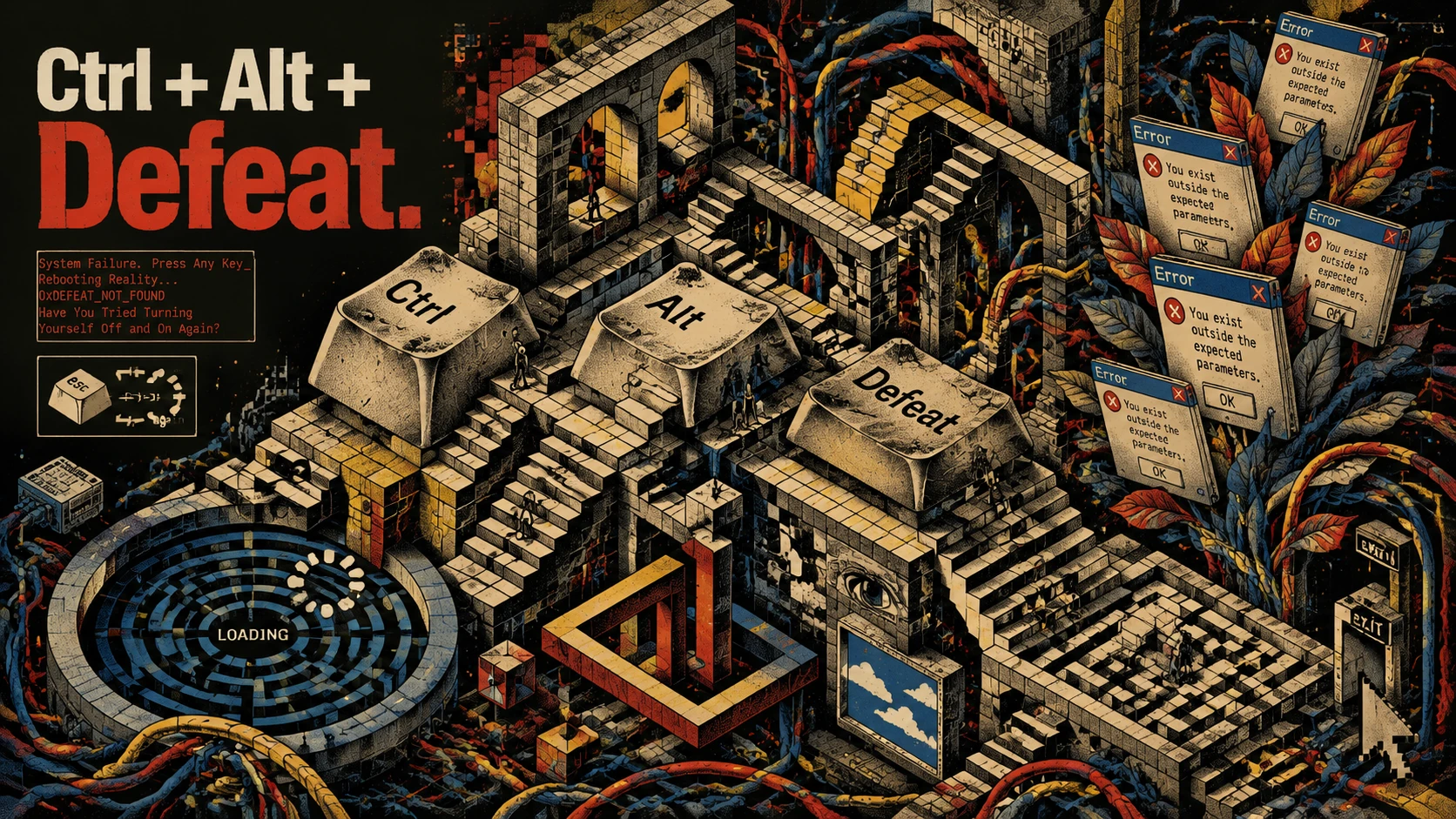 Escalera surrealista de teclado vintage en arte de computadora retro
