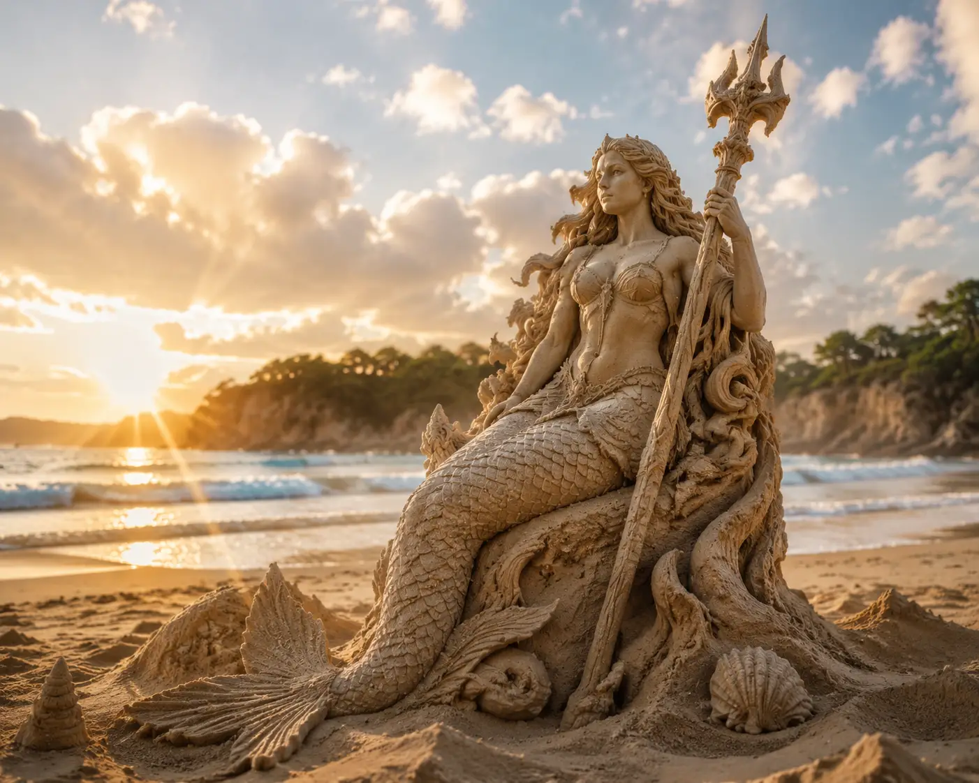 Photorealistic sand mermaid sculpture on a sunny beach