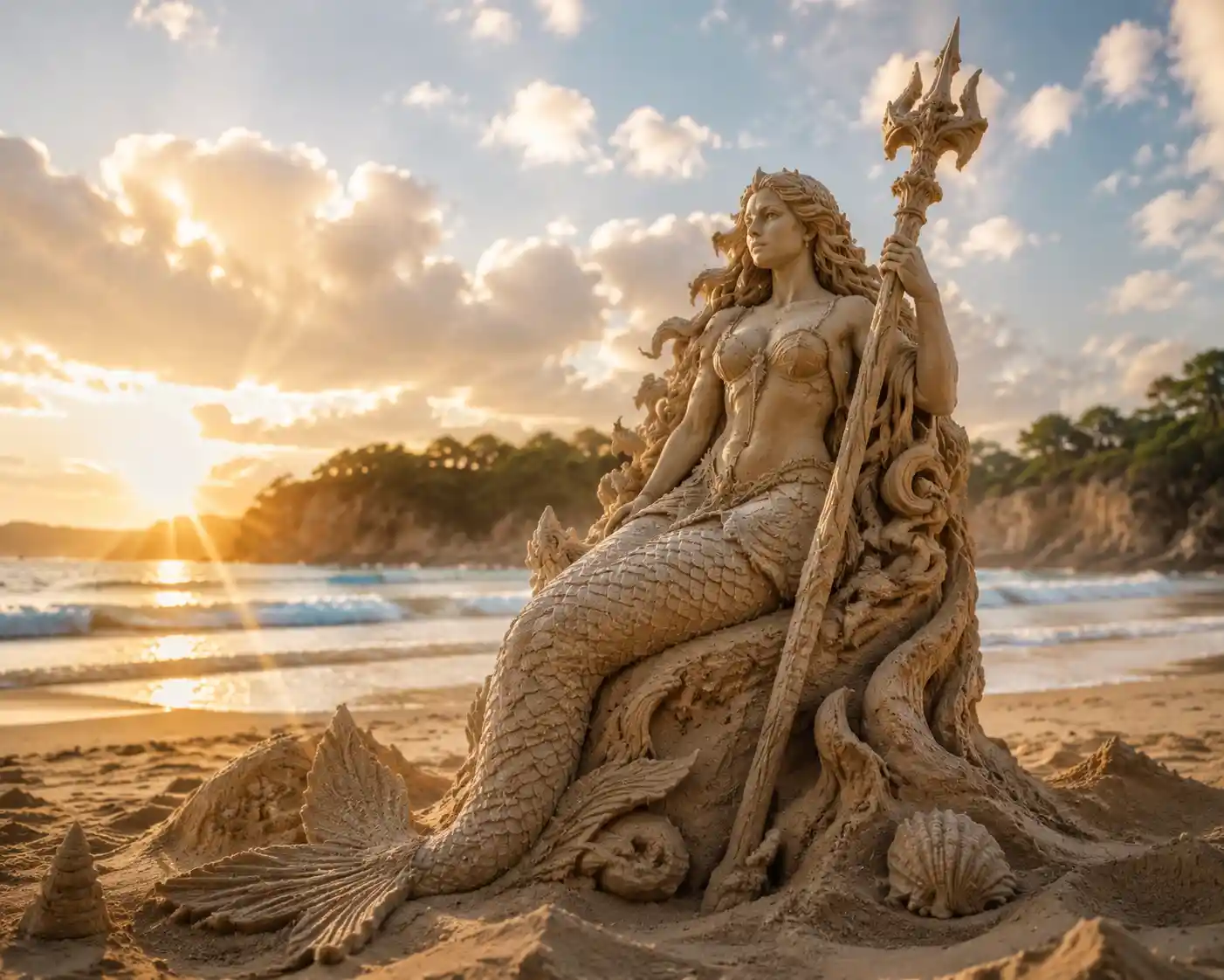 Photorealistic sand mermaid sculpture on a sunny beach