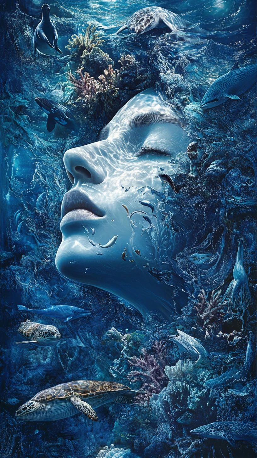 Retrato Etéreo del Océano Formado por Olas y Vida Marina
