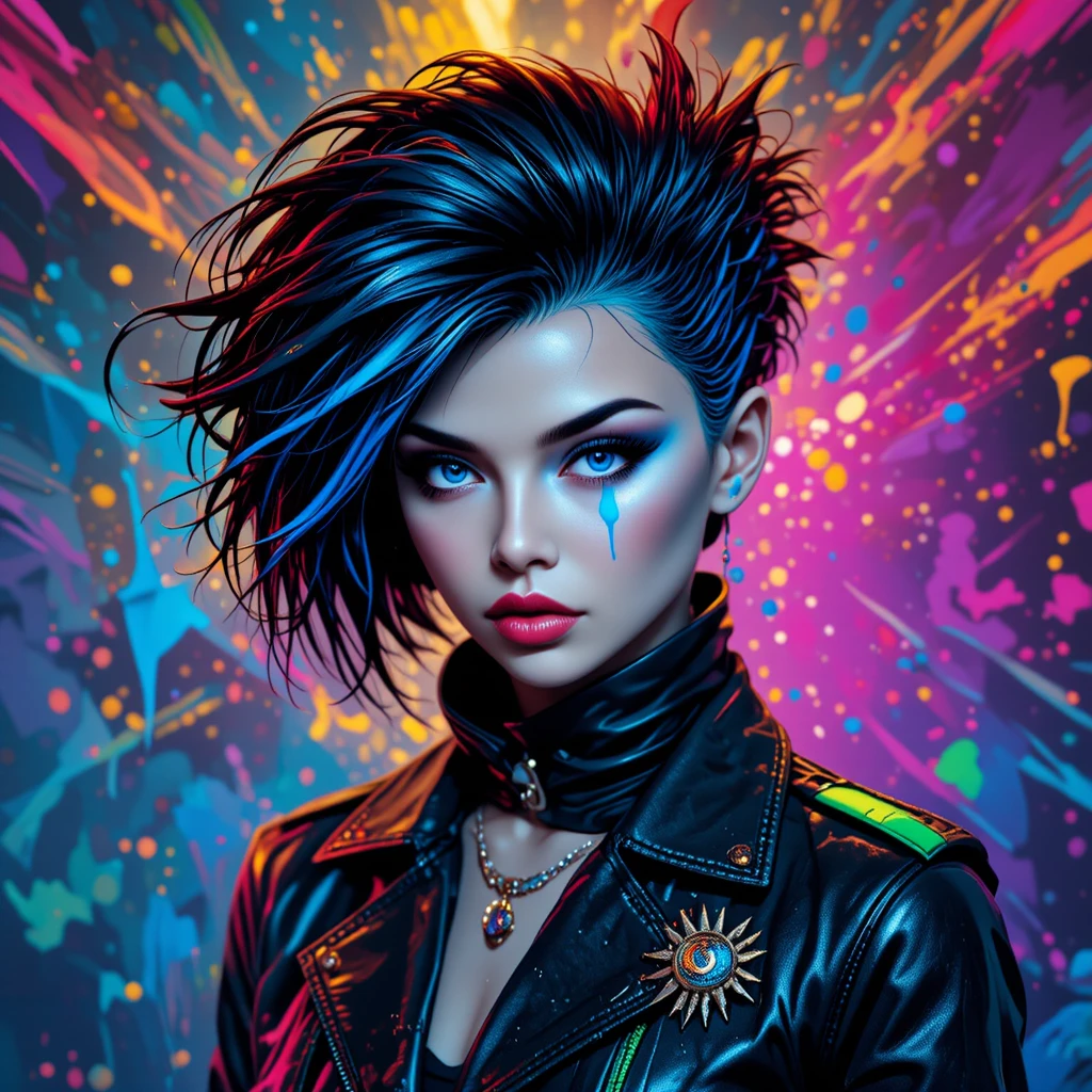 Retrato de chica punk futurista con salpicaduras de pintura neón