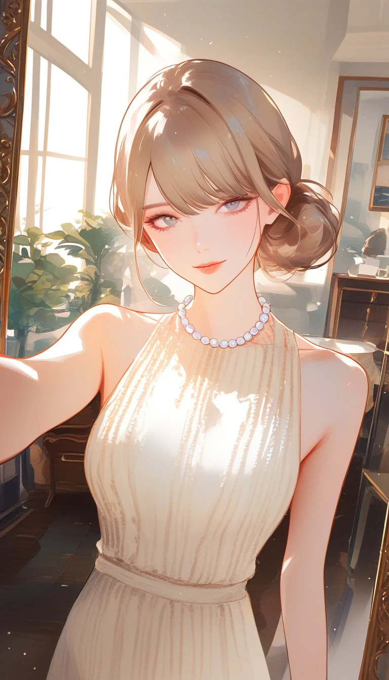 Watercolor mirror selfie of elegant woman in ivory dress
