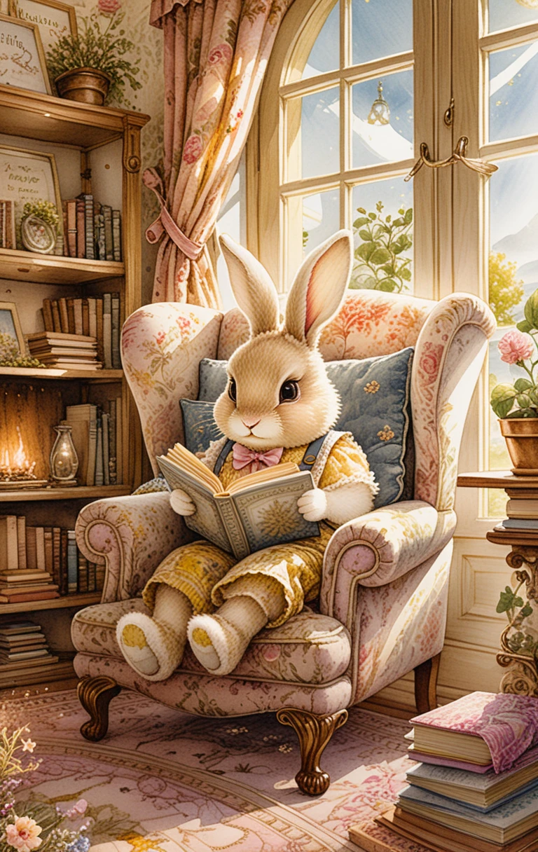Conejito tierno leyendo en una acogedora sala de estar iluminada por el sol