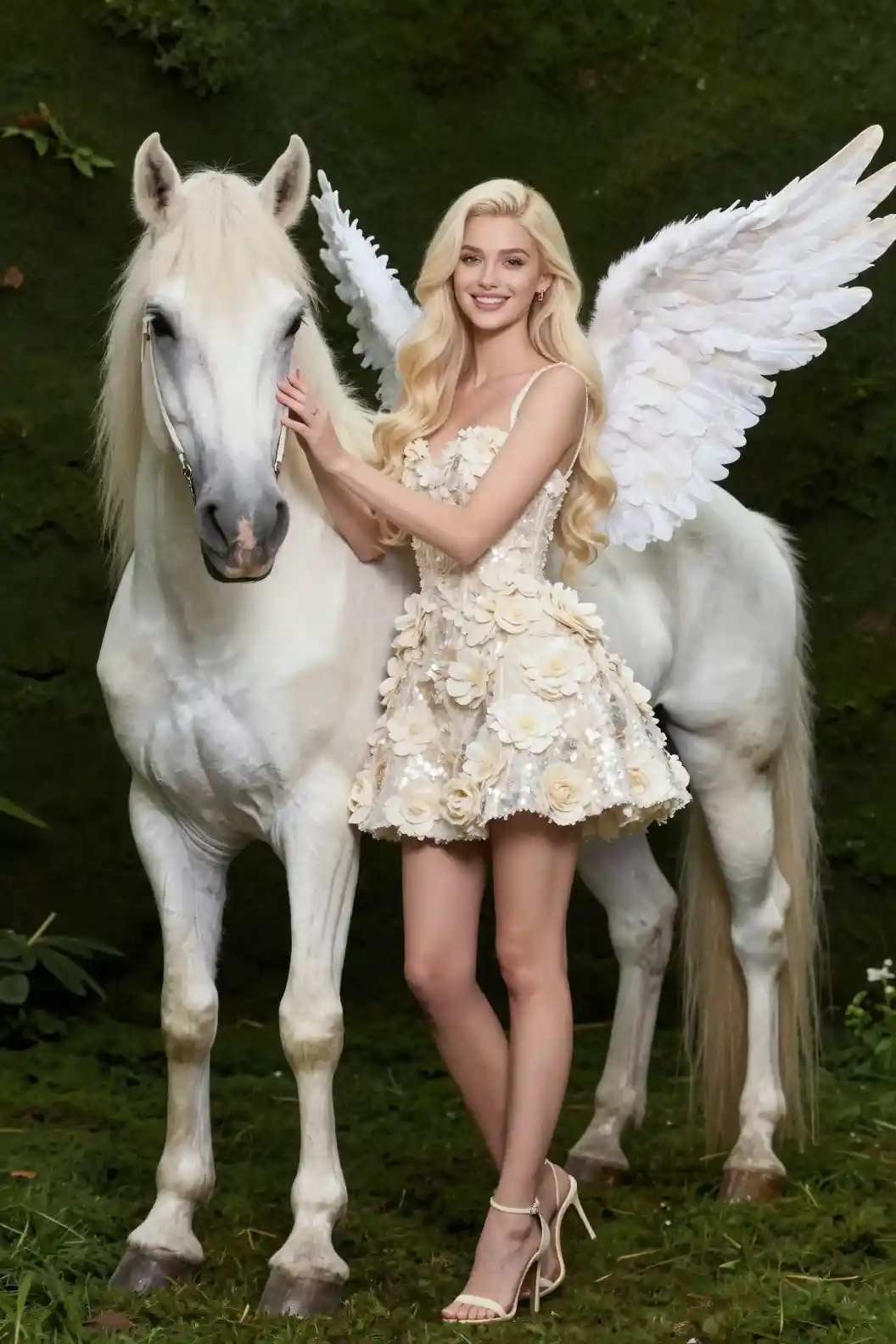 Elegante ragazza angelica con unicorno in ritratto in studio