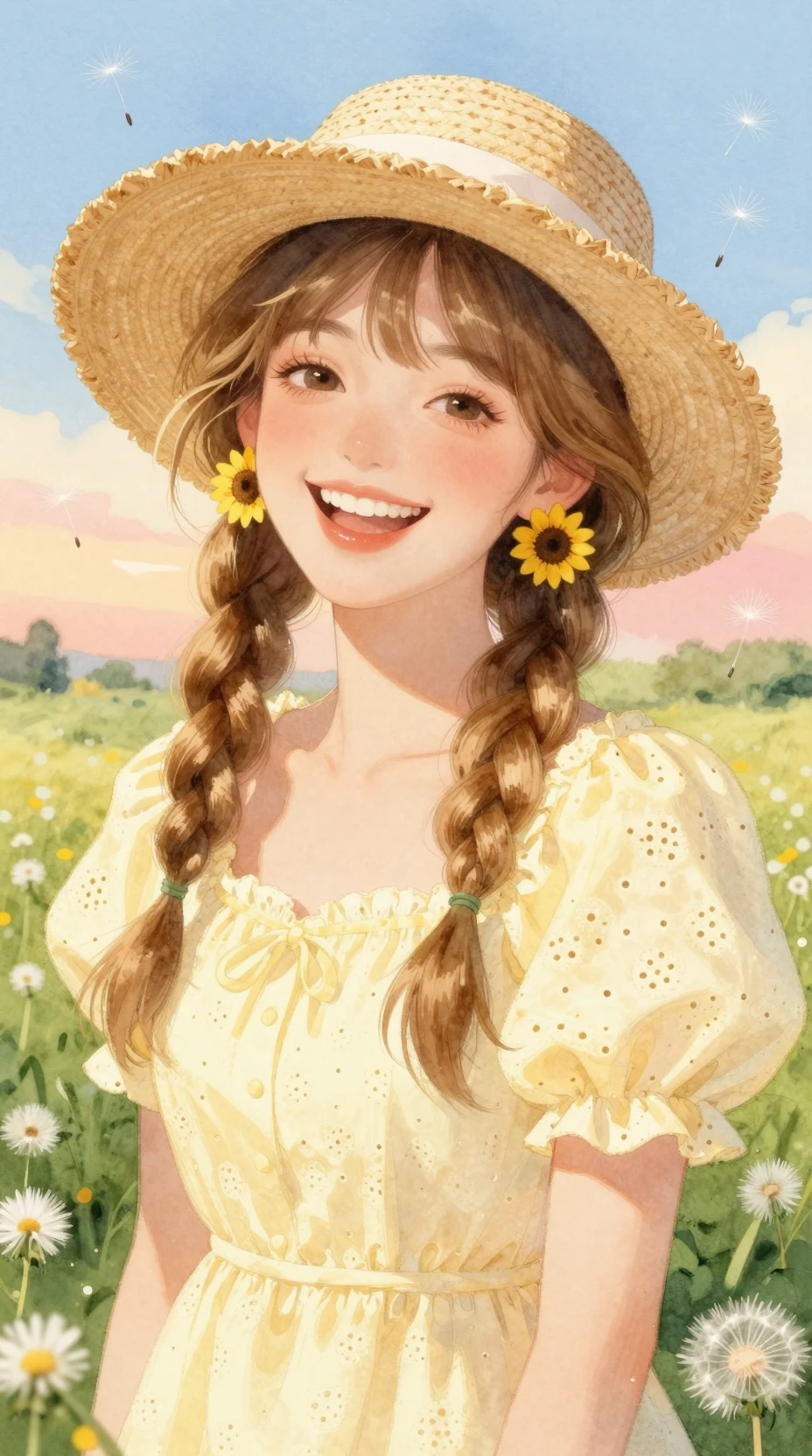 Retrato en acuarela de una chica alegre con sombrero de paja en un prado
