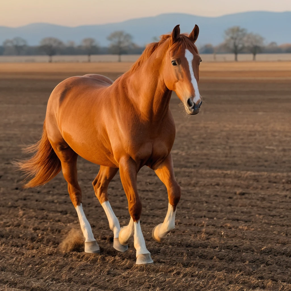 Caballo beige trotando por un campo seco al atardecer