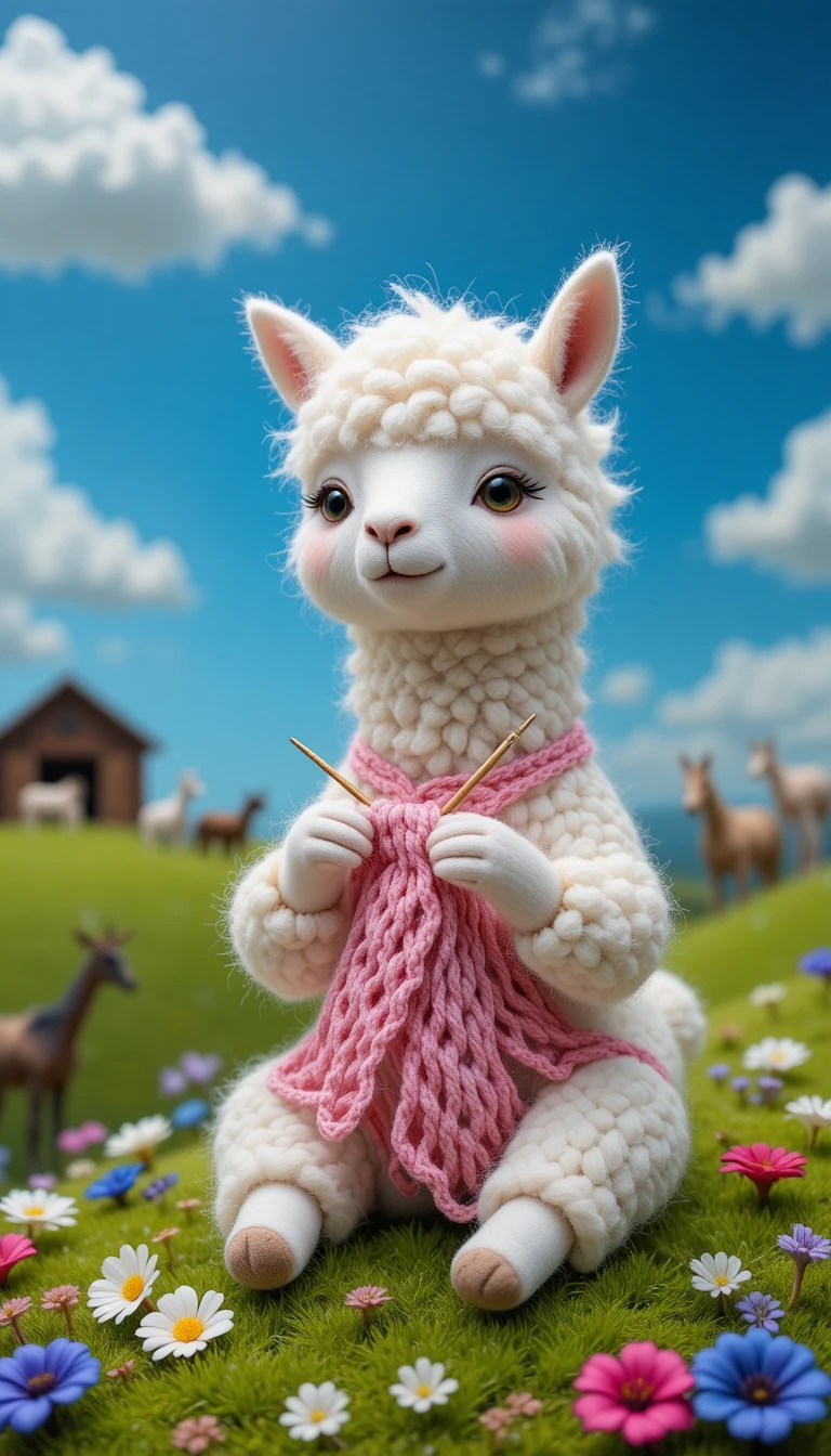 Tierna llama blanca tejiendo en un colorido campo