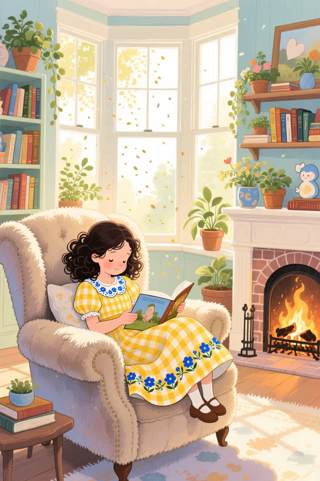 Little girl reading in a sunlit cozy living room