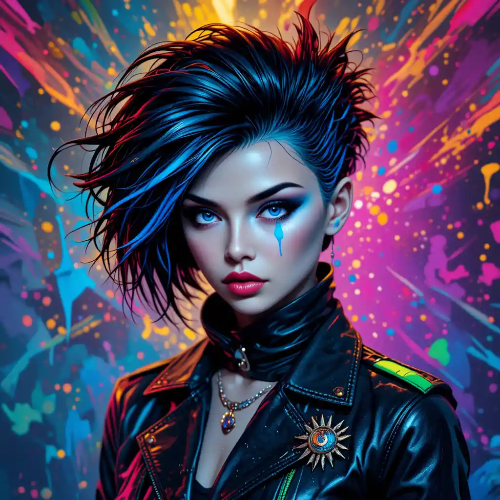 Retrato de garota punk futurista com respingos de tinta neon