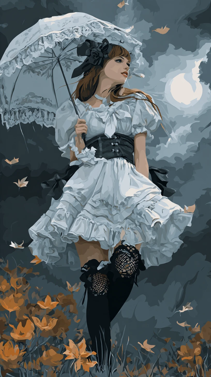 Chica de anime con paraguas en un jardín de tulipanes lluvioso