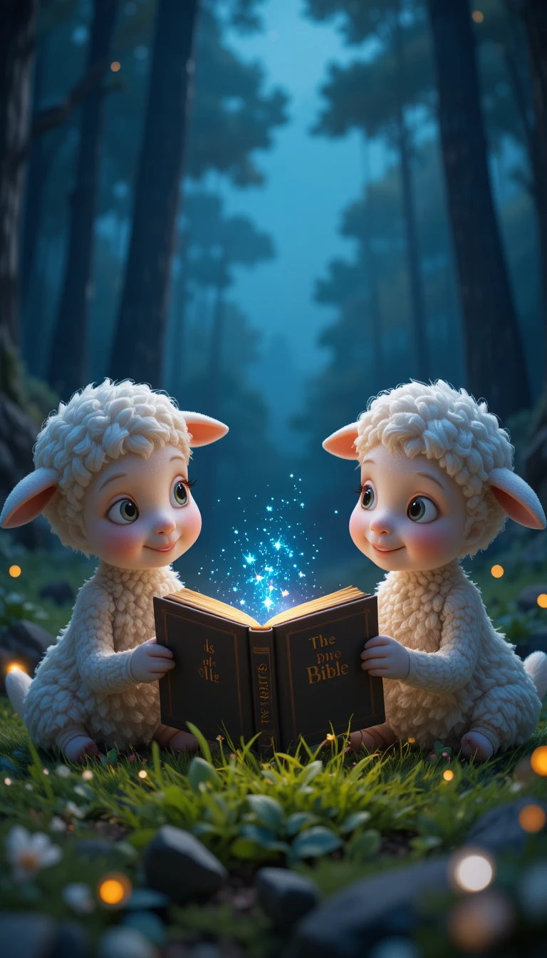 Dos corderitos leyendo un libro brillante en el bosque