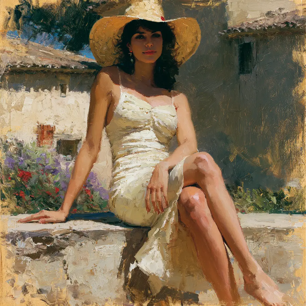 Elegant brunette woman in 1980s dress by a rural farmhouse