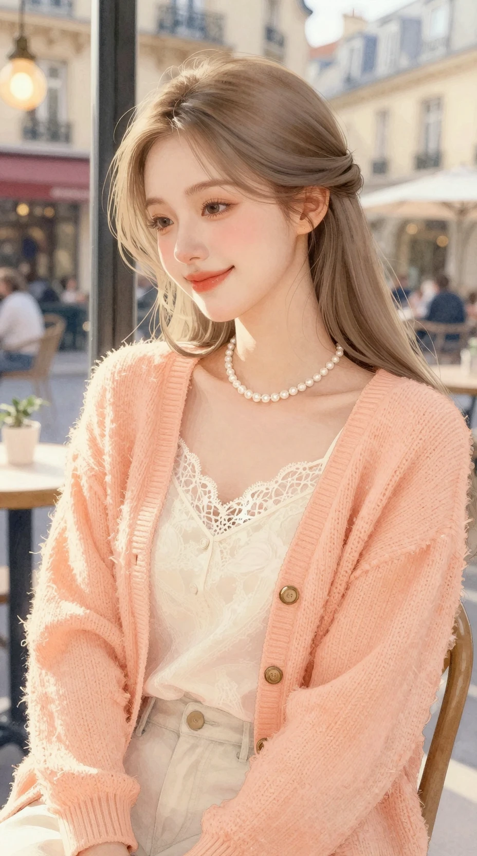 Watercolor fashion portrait of a woman in a cozy cafe