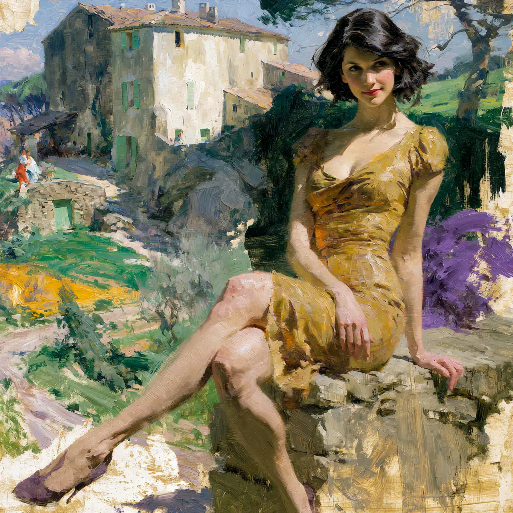 Elegant brunette woman in mini dress at sunny farmhouse