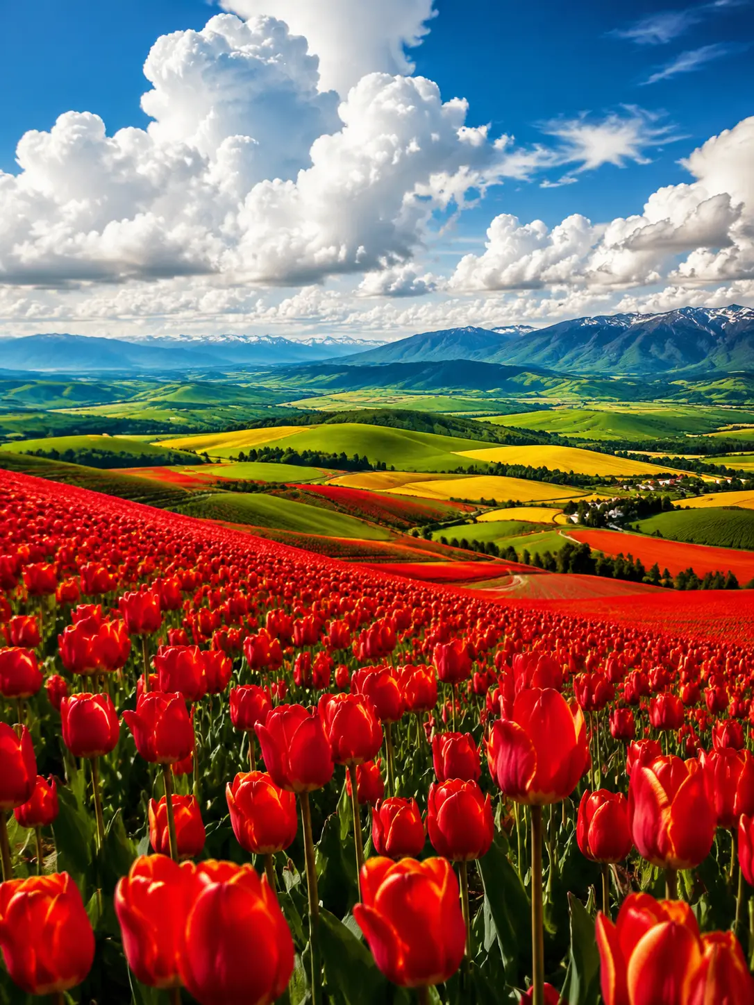 Vast tulip fields with rolling hills and distant mountains