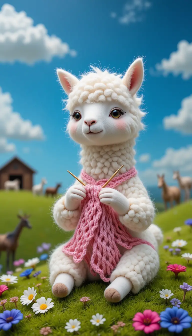 Cute White Llama Knitting In A Colorful Countryside