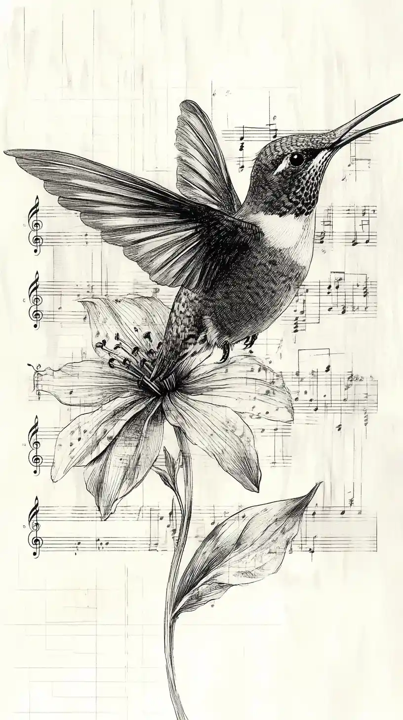 Beija-flor com asas musicais pairando diante de uma flor