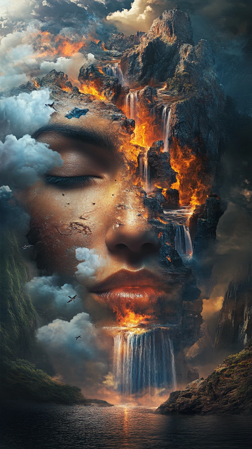 Retrato de mujer elemental que fusiona tierra, agua, aire y fuego