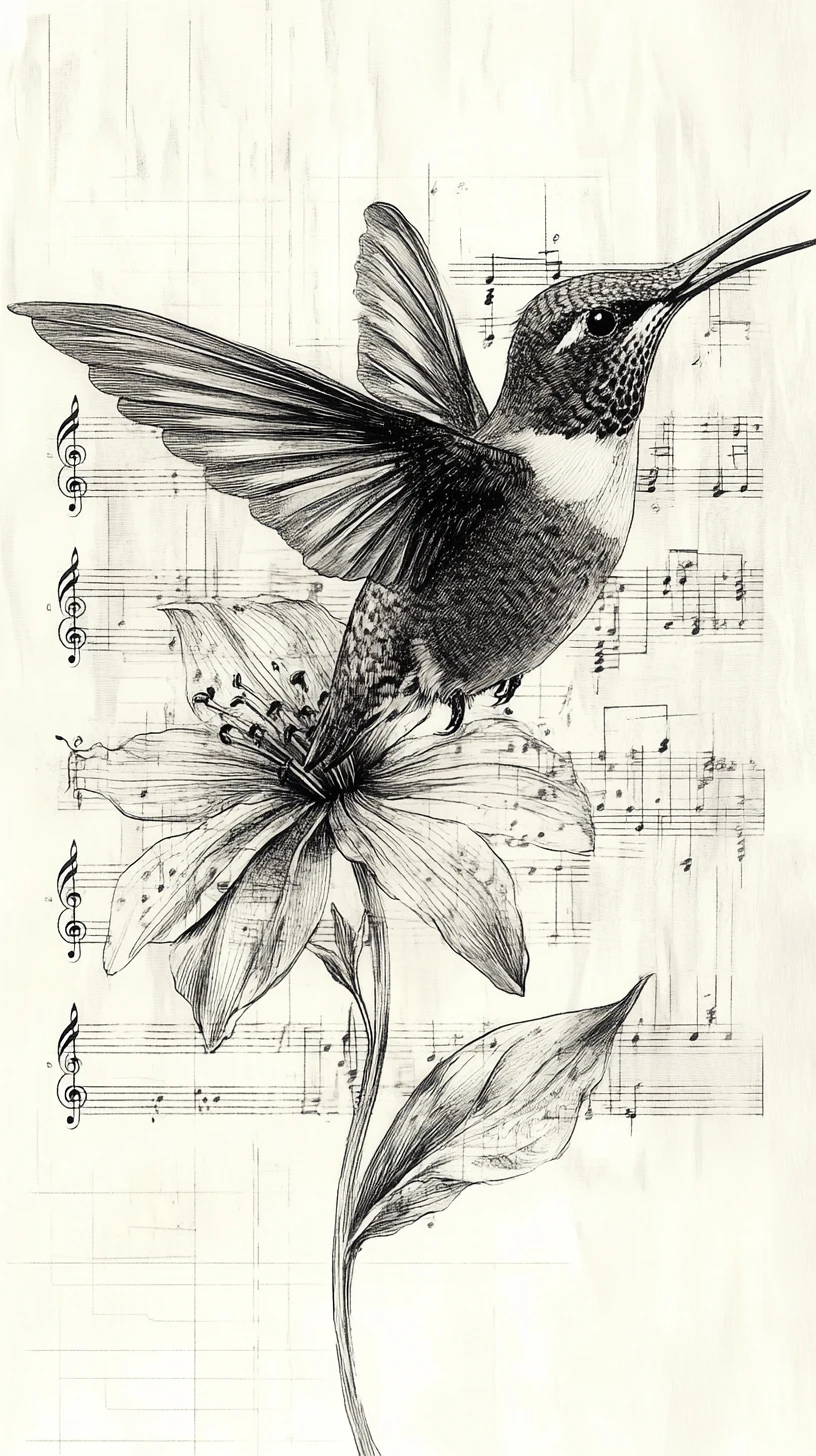 Colibri aux ailes musicales en vol stationnaire devant une fleur