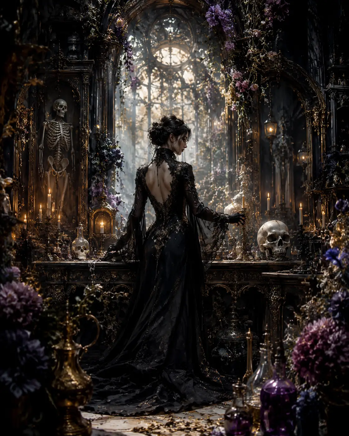 Mystical necromancy workshop with gothic baroque ornamentation