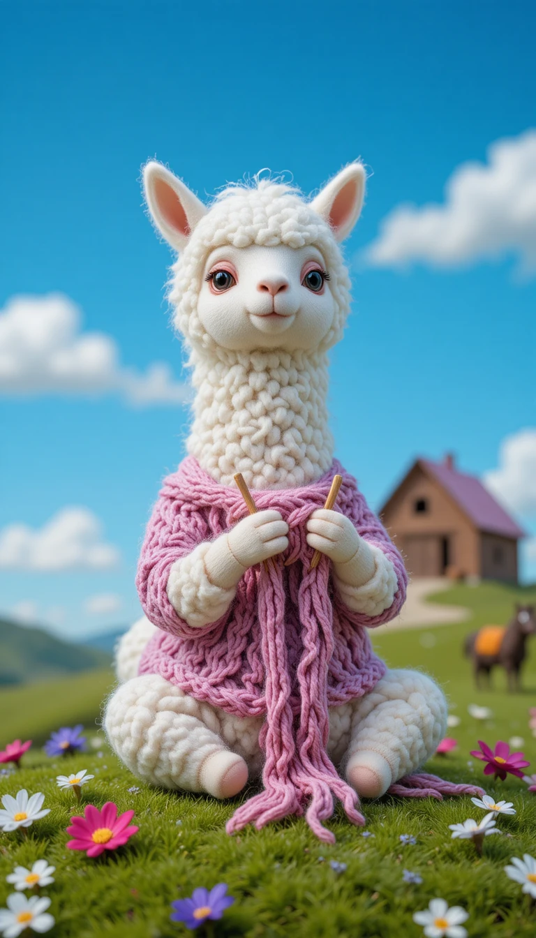Llama blanca adorable tejiendo en un paisaje de campo luminoso
