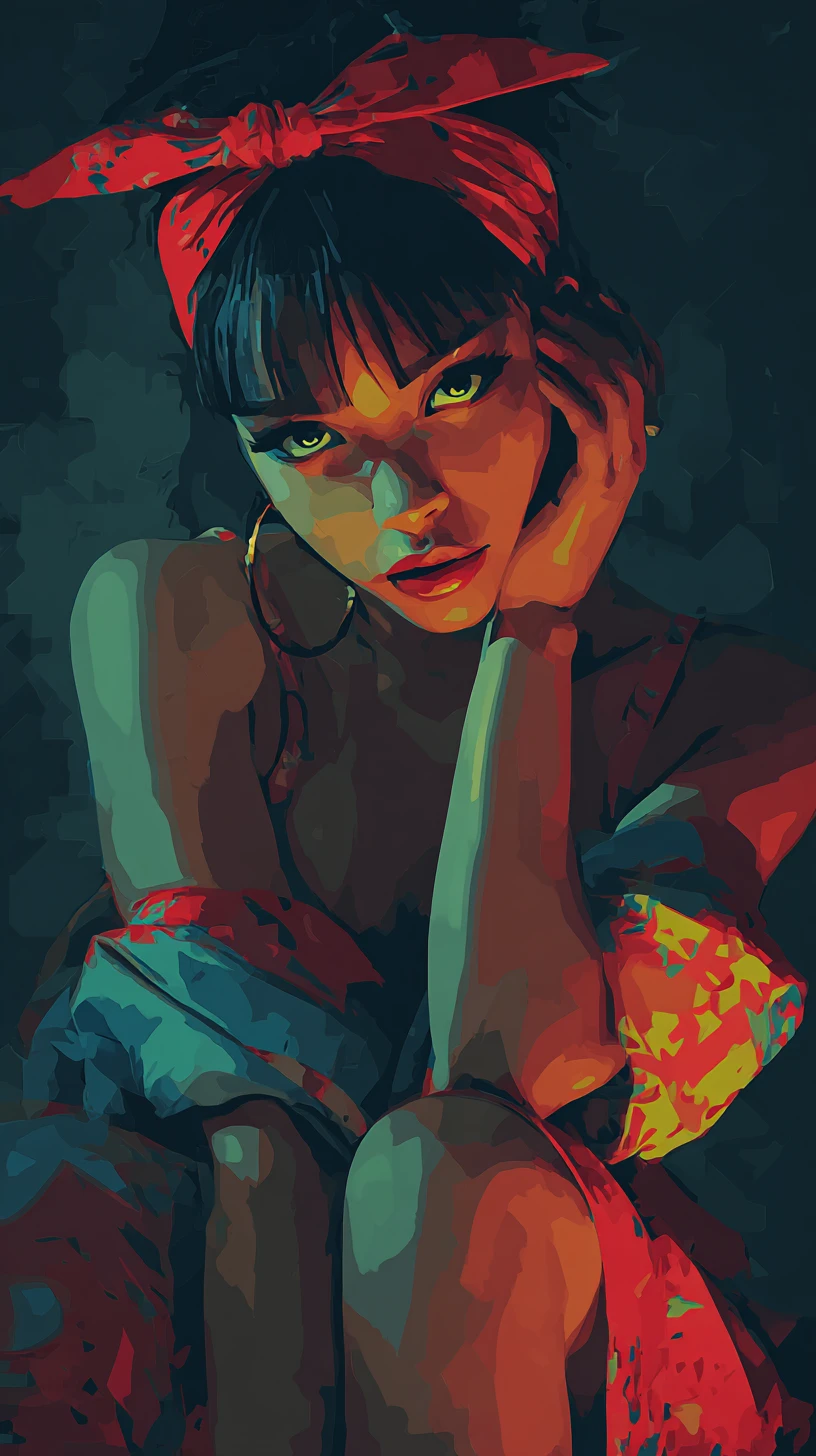 Chica de anime con ojos verdes brillantes en luz abstracta