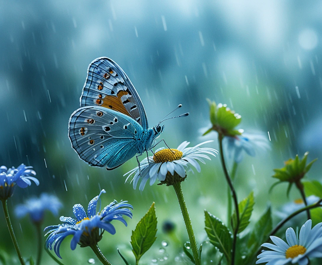 Borboleta azul descansando entre margaridas em flor na chuva