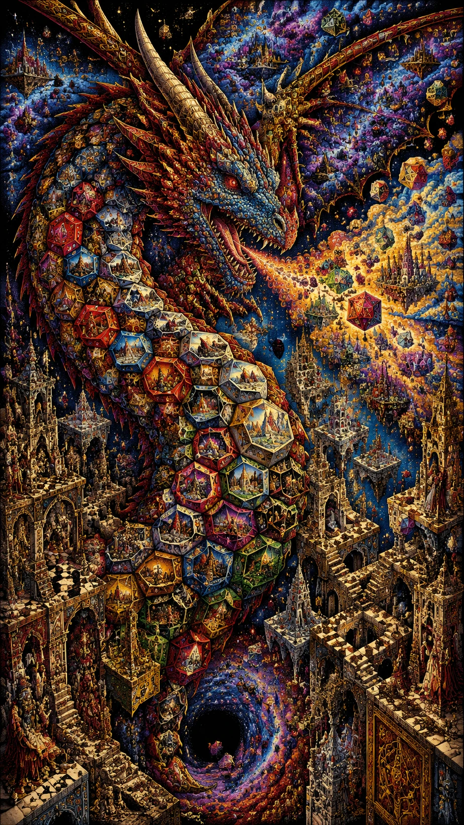 Dragón de escamas de gemas en un paisaje de fantasía surrealista