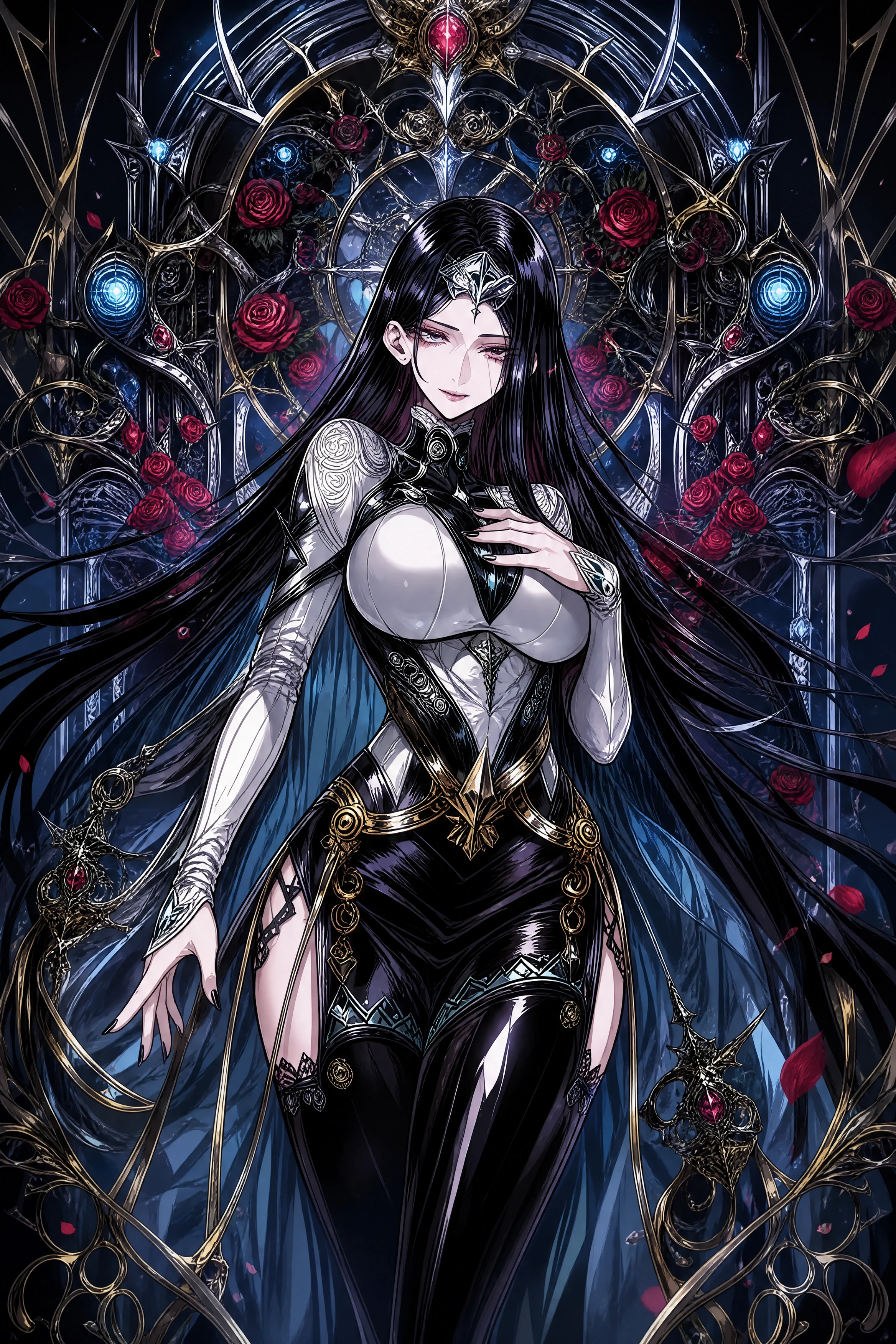 Regal dark fantasy woman in biomechanical armor illustration