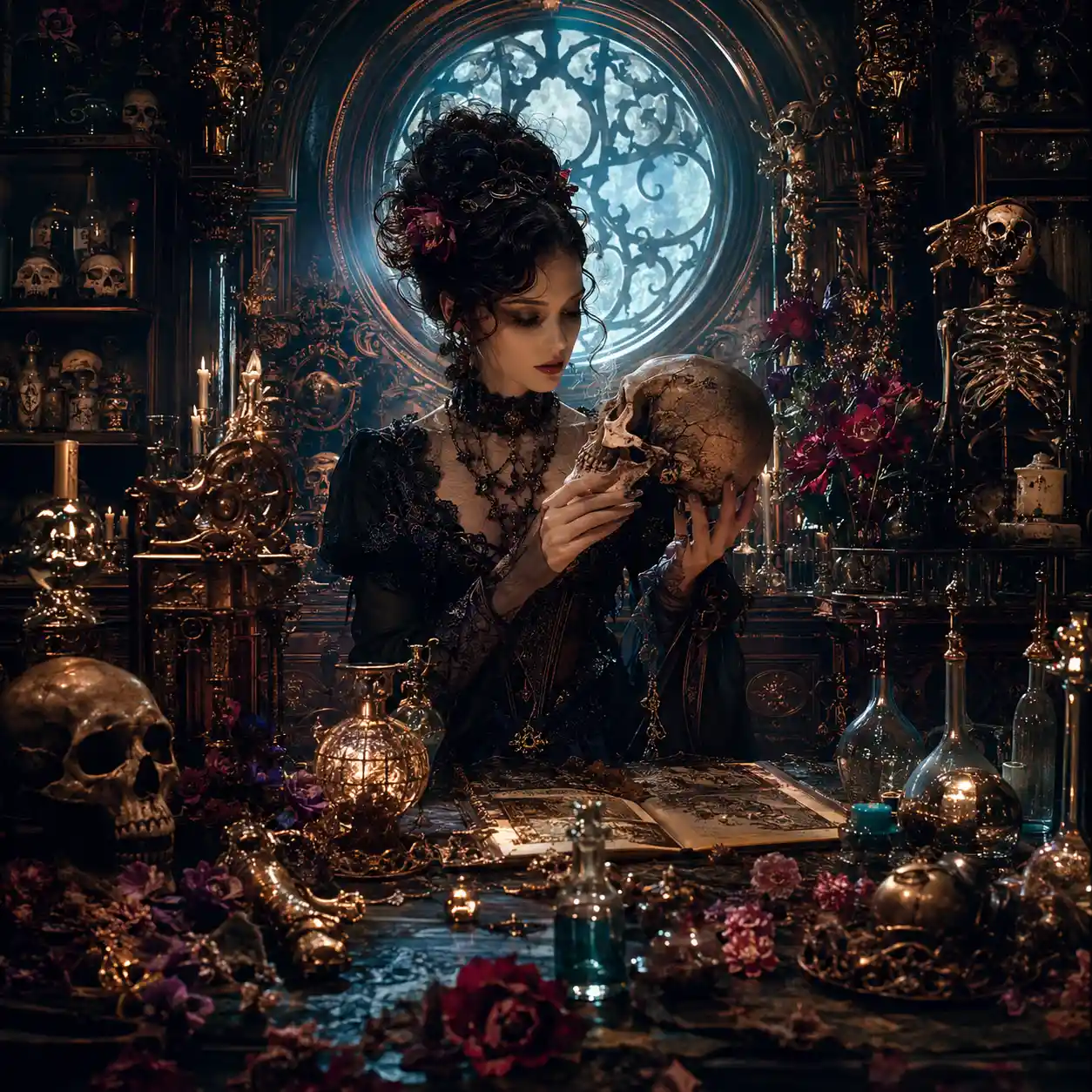 Mystical necromancer workshop with gothic baroque details