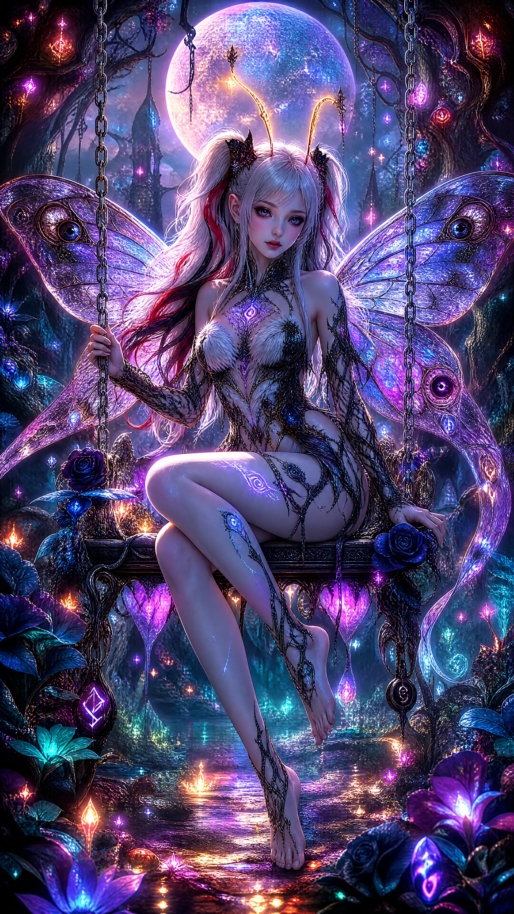 Mystical moth goddess on a swing in a cosmic forest