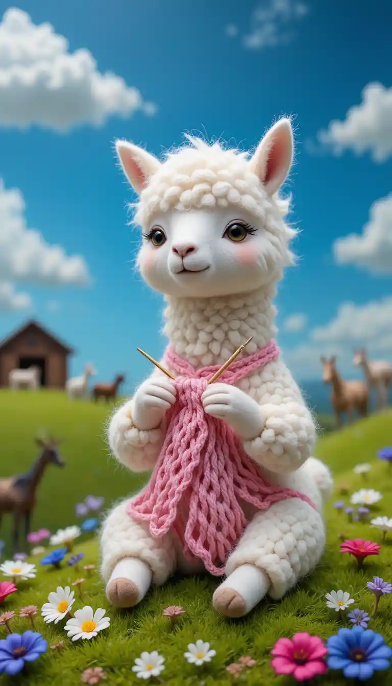 Niedliches weißes Lama, das in einer bunten Landschaft strickt