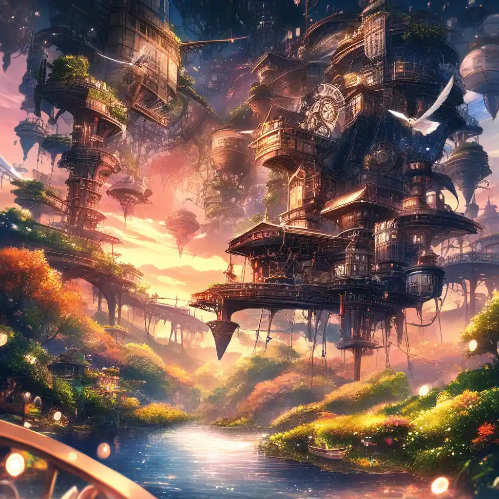 Whimsical steampunk city with airships at sunset
