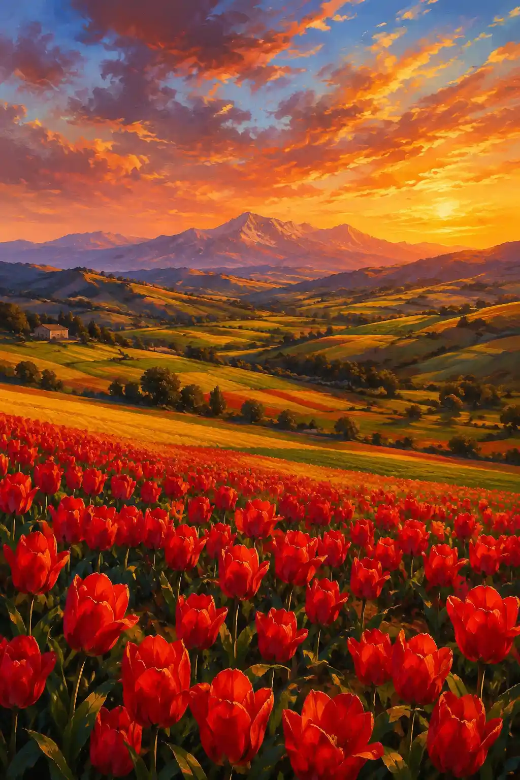 Campos extensos de tulipas vermelhas e paisagem montanhosa ao longe