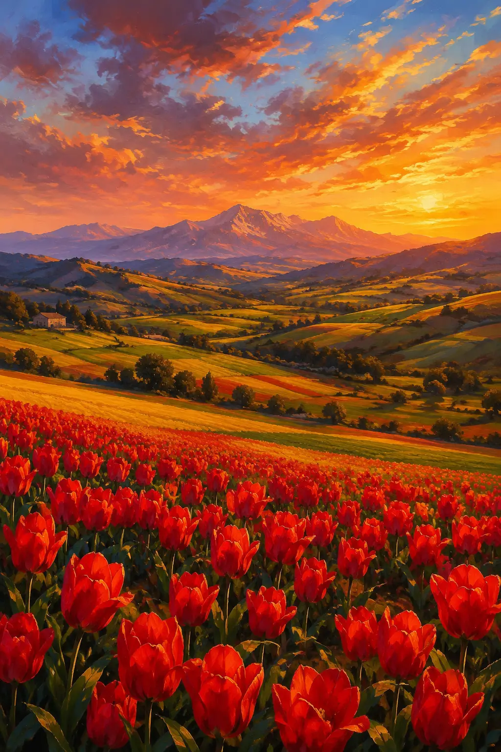 Expansive Red Tulip Fields And Distant Mountain Landscape