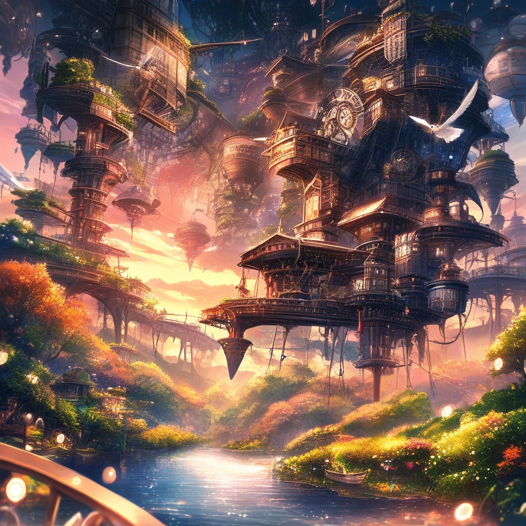 Ciudad steampunk fantasiosa con dirigibles al atardecer