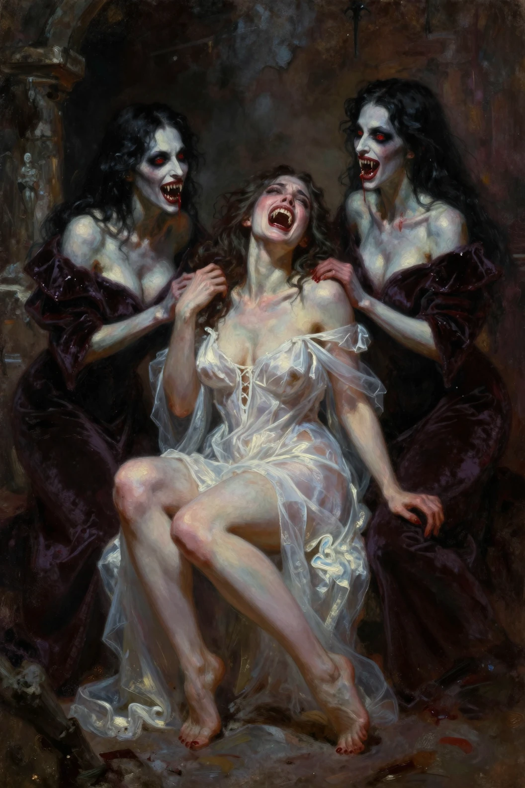 Terrified woman and female vampires in a dark crypt