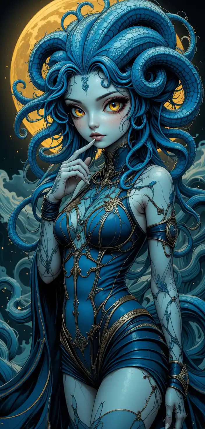 Gothic aquatic alien woman with tentacle attire and moon
