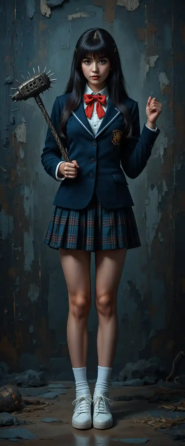 Defiant schoolgirl holding a metal flail in darkness