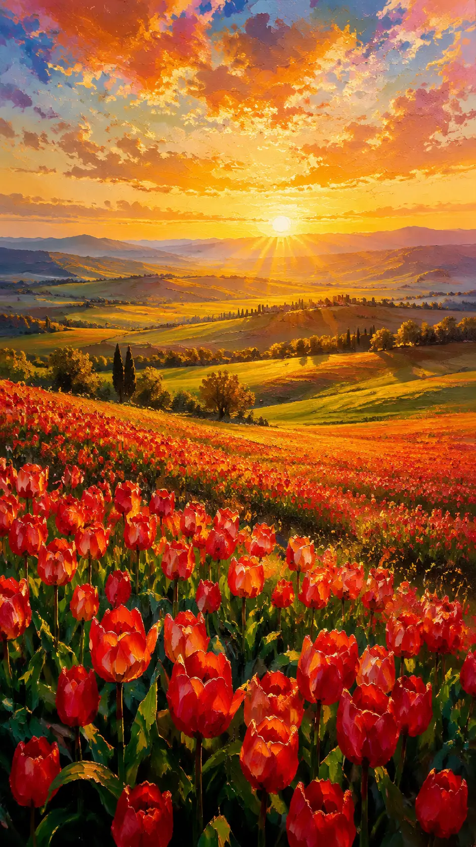 Vast tulip field across rolling hills and mountains