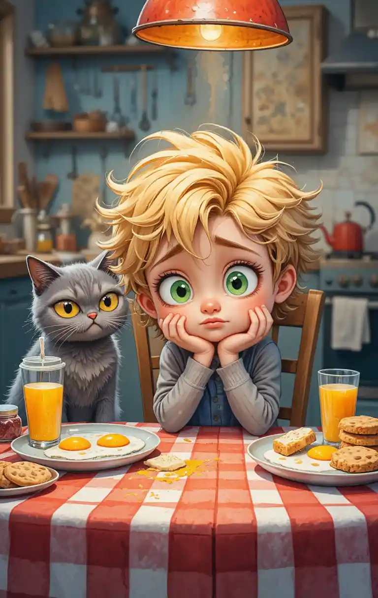 Disappointed Child And Cat At A Cozy Kitchen Table