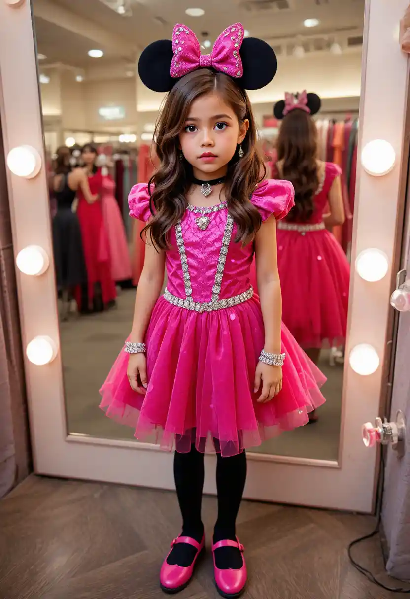 Nervous teen in pink minnie dress at boutique vanity
