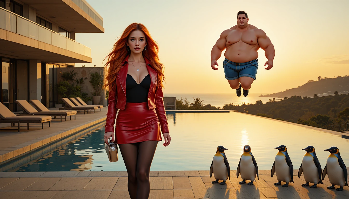 Red haired woman walking by luxury pool at sunset