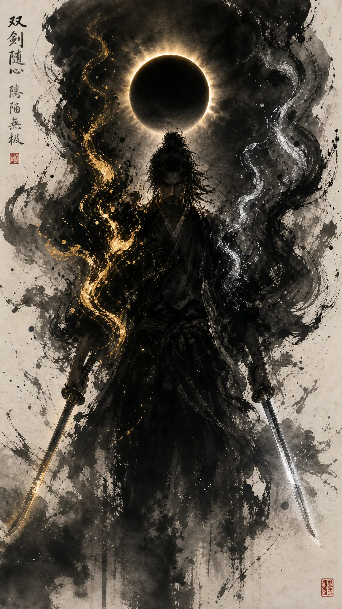 Warrior beneath total eclipse in sumi e ink darkness