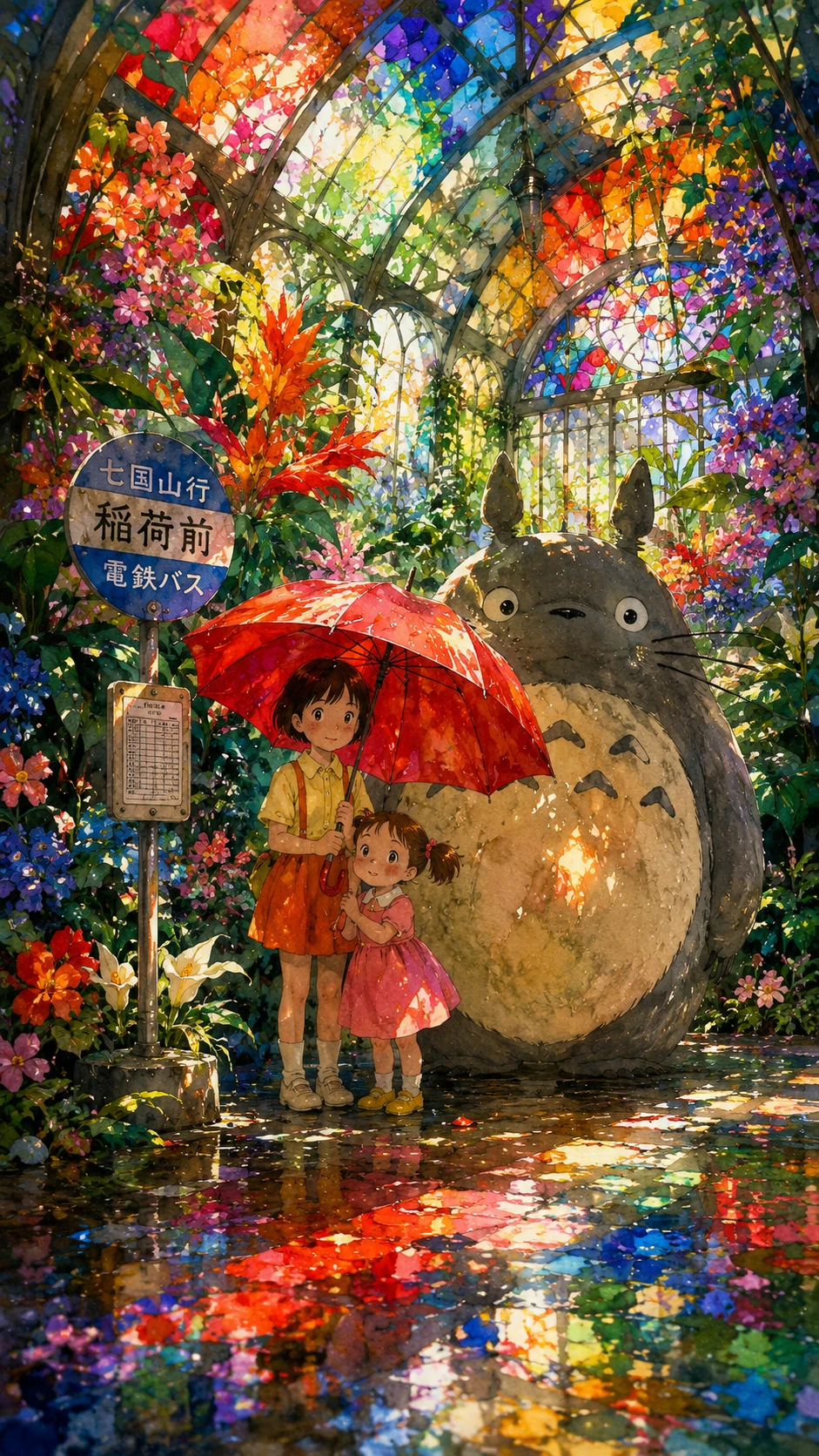 Watercolor forest spirit at a magical greenhouse bus stop