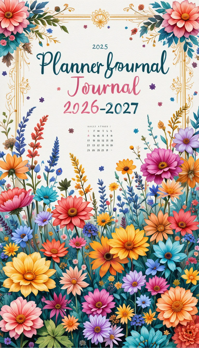 Whimsical floral planner cover with colorful geometric patterns
