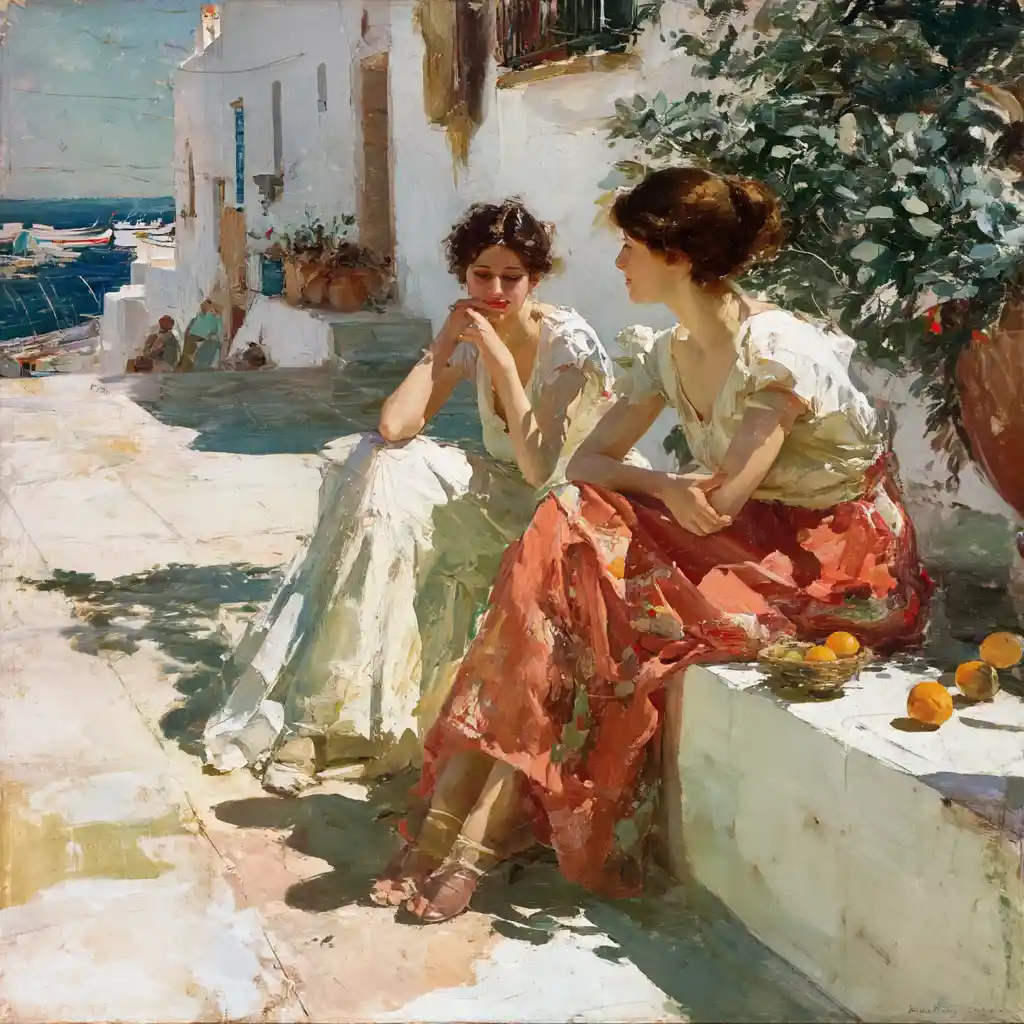 Donna in estate mediterranea accanto a un muro di un casale rustico